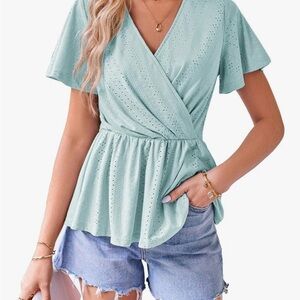 Grace Karin Mint Green Eyelet Wrap Peplum Top